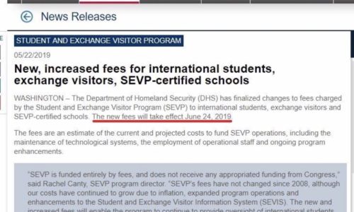 美國學生簽證(F1)要繳交的國土安全費預計於六月二十四日調漲，從$200調為$350美元喔!